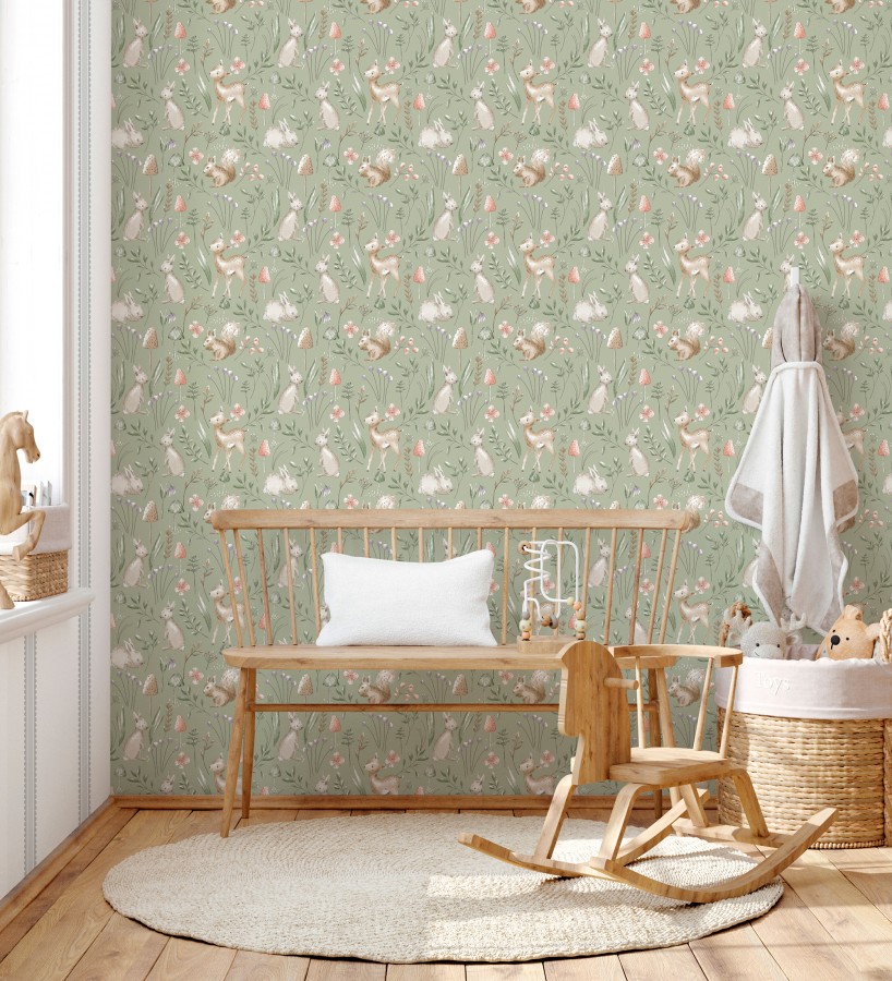 Papel pintado de animalitos en el bosque fondo color verde  Pip Acorn 684053