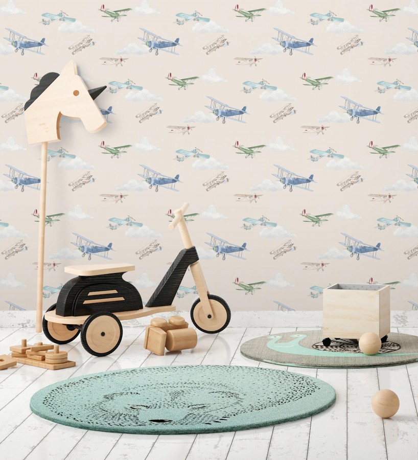 Papel pintado de aviones y nubes artísticas fondo beige  Bastian Aviator 684055