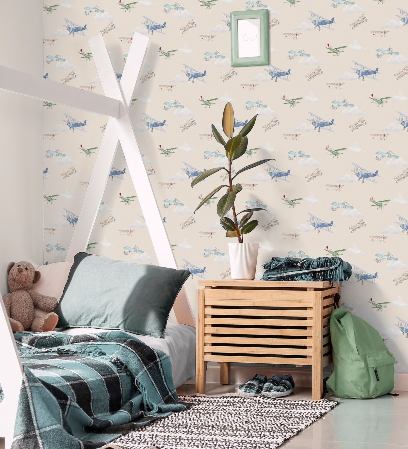Papel pintado de aviones y nubes artísticas fondo beige  Bastian Aviator 684055