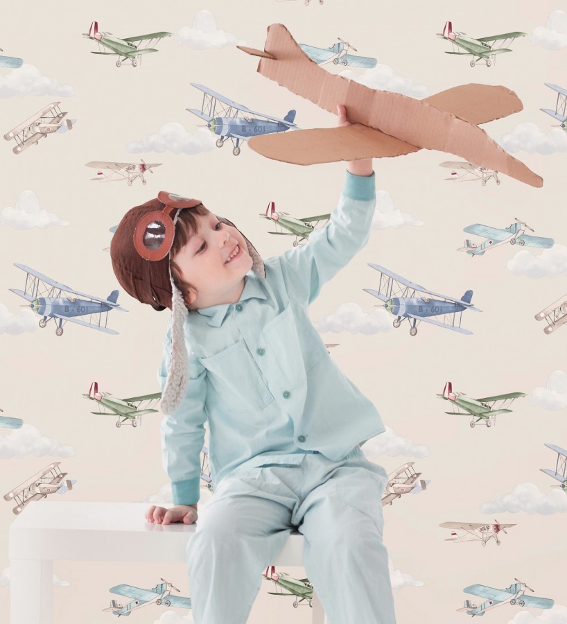 Papel pintado de aviones y nubes artísticas fondo beige  Bastian Aviator 684055