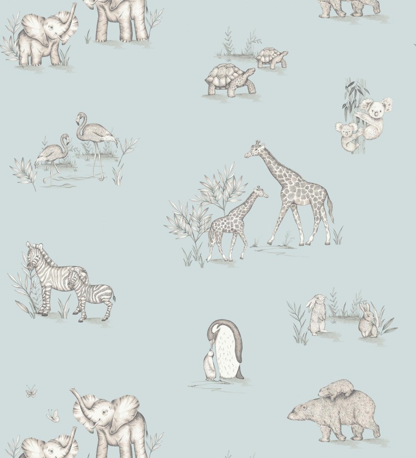 Papel pintado de fauna con animalitos sobre fondo azul pastel  Joy Safari 684057