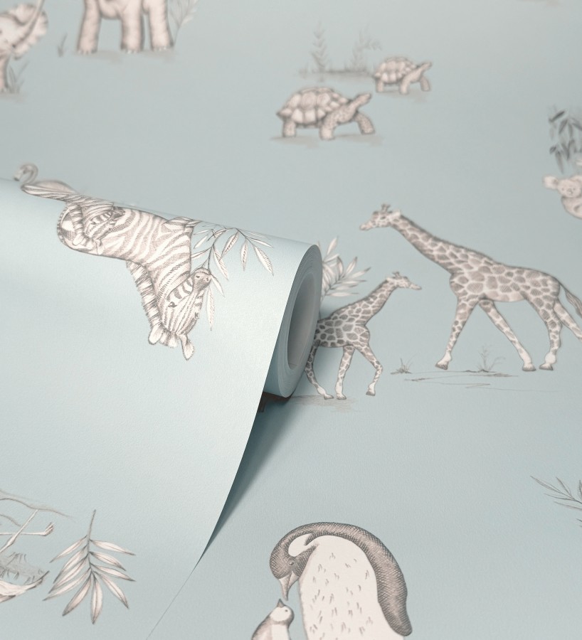 Papel pintado de fauna con animalitos sobre fondo azul pastel  Joy Safari 684057