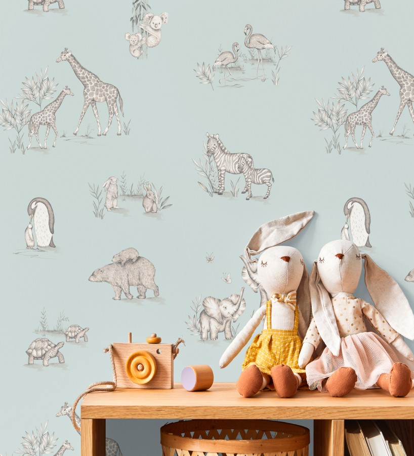 Papel pintado de fauna con animalitos sobre fondo azul pastel  Joy Safari 684057