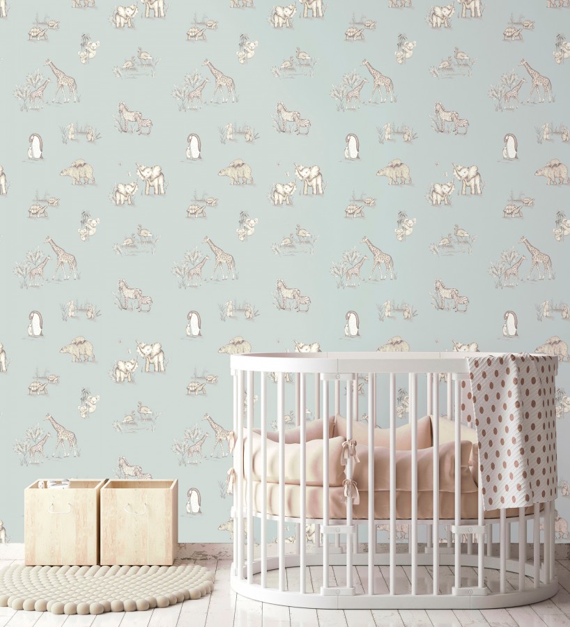 Papel pintado de fauna con animalitos sobre fondo azul pastel  Joy Safari 684057