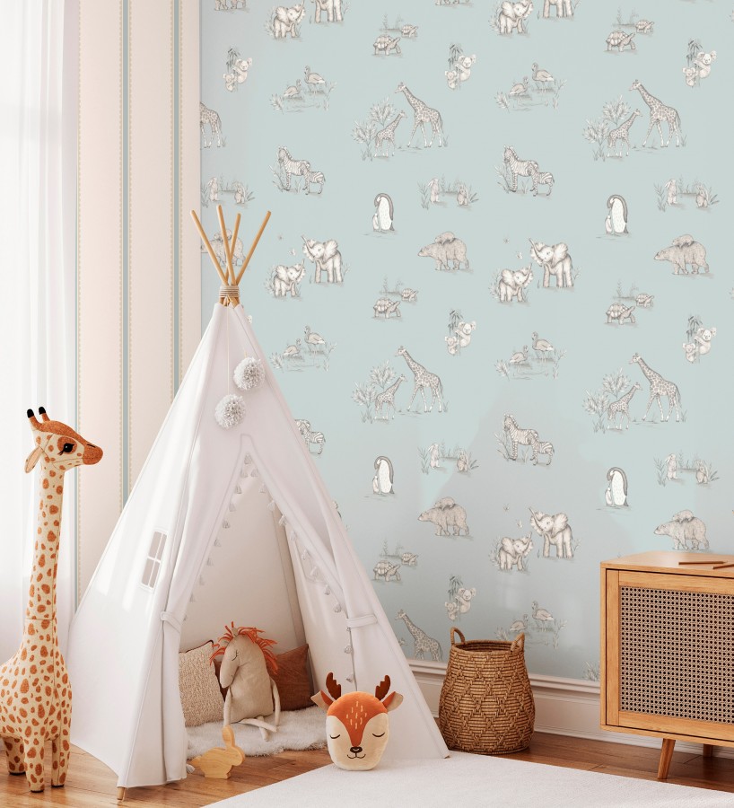 Papel pintado de fauna con animalitos sobre fondo azul pastel  Joy Safari 684057
