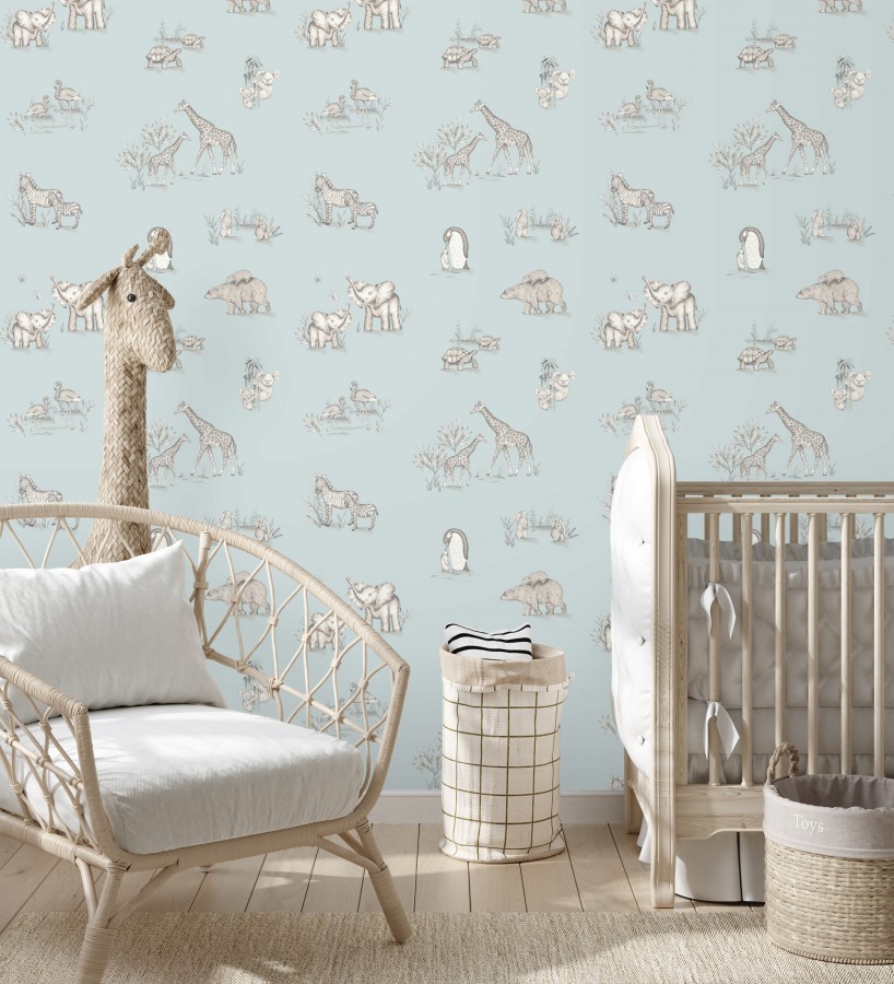 Papel pintado de fauna con animalitos sobre fondo azul pastel  Joy Safari 684057
