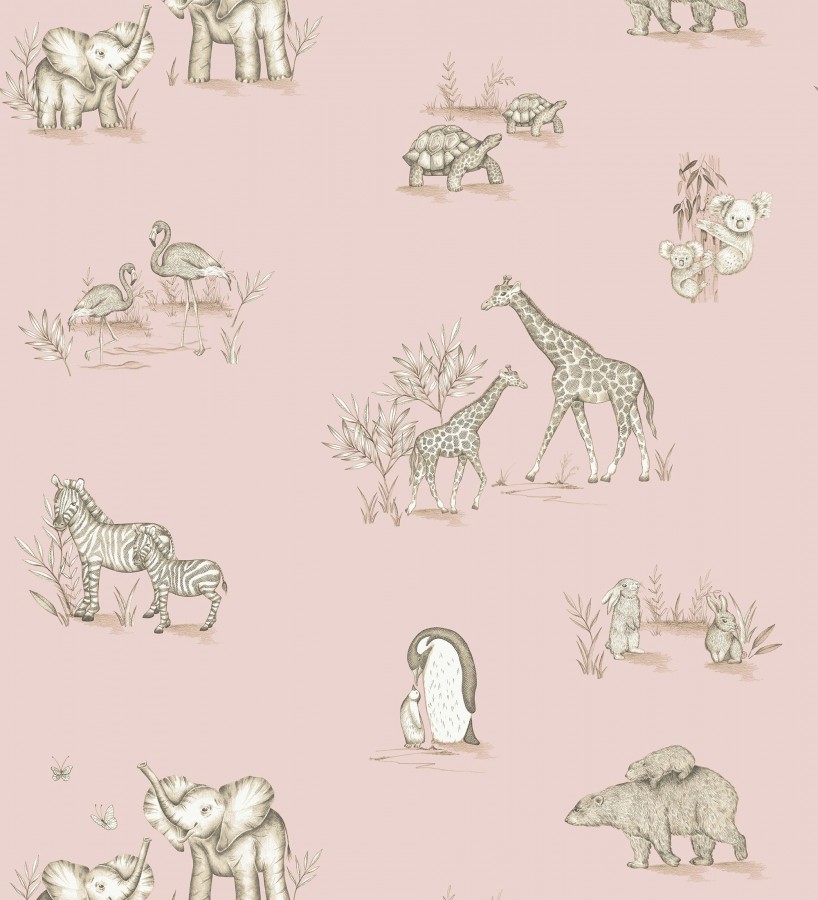 Papel pintado de fauna con animalitos sobre fondo rosa  Joy Safari 684058