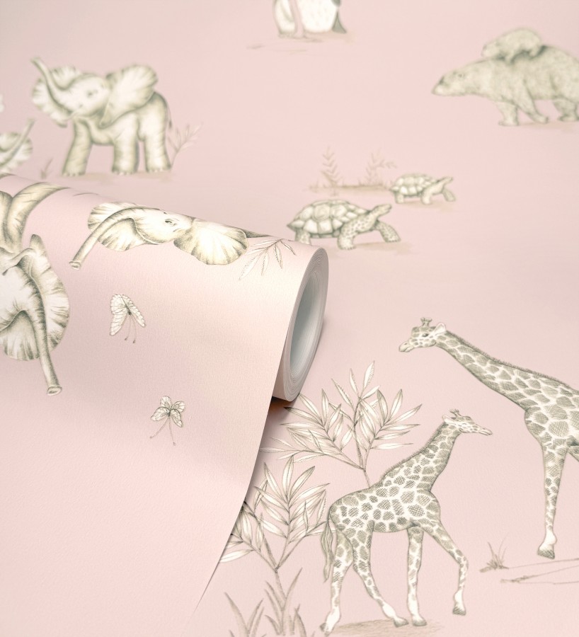 Papel pintado de fauna con animalitos sobre fondo rosa  Joy Safari 684058