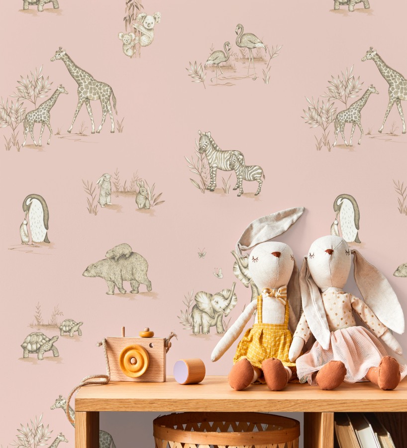 Papel pintado de fauna con animalitos sobre fondo rosa  Joy Safari 684058