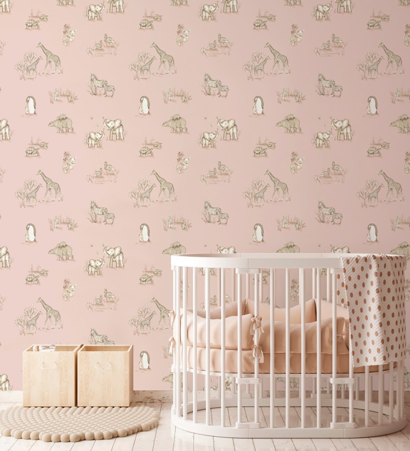 Papel pintado de fauna con animalitos sobre fondo rosa  Joy Safari 684058