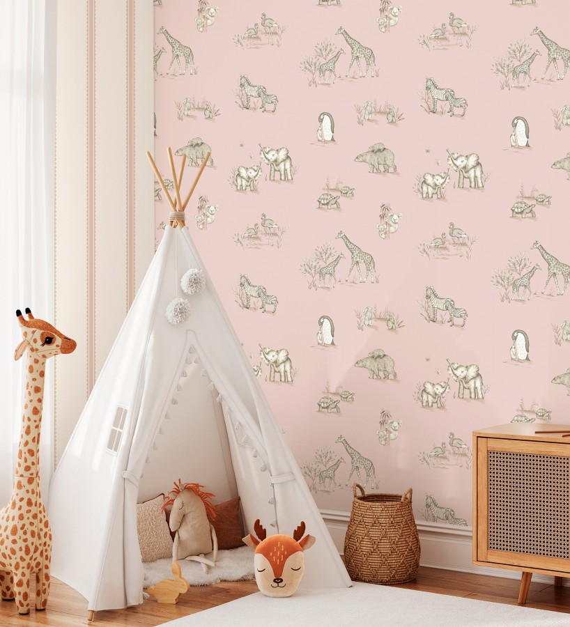 Papel pintado de fauna con animalitos sobre fondo rosa  Joy Safari 684058