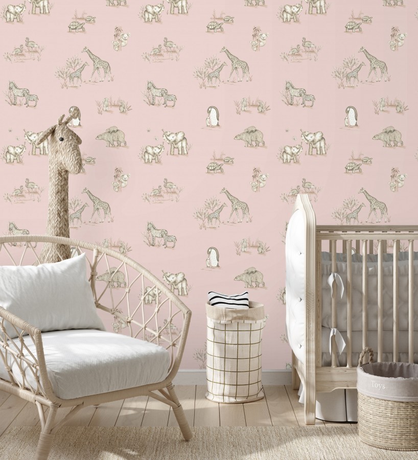 Papel pintado de fauna con animalitos sobre fondo rosa  Joy Safari 684058