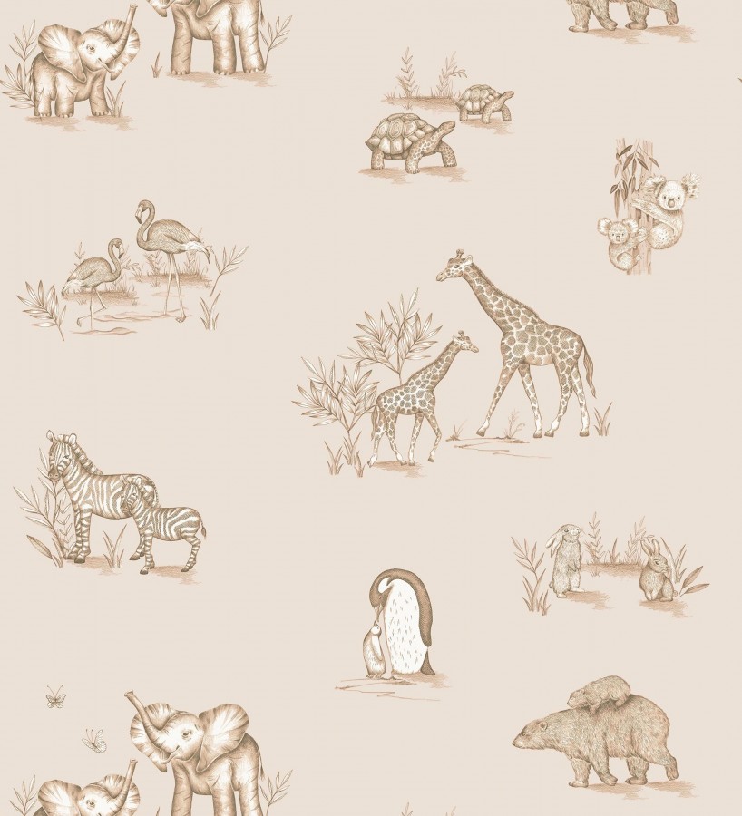 Papel pintado de fauna con animalitos sobre fondo beige  Joy Safari 684059