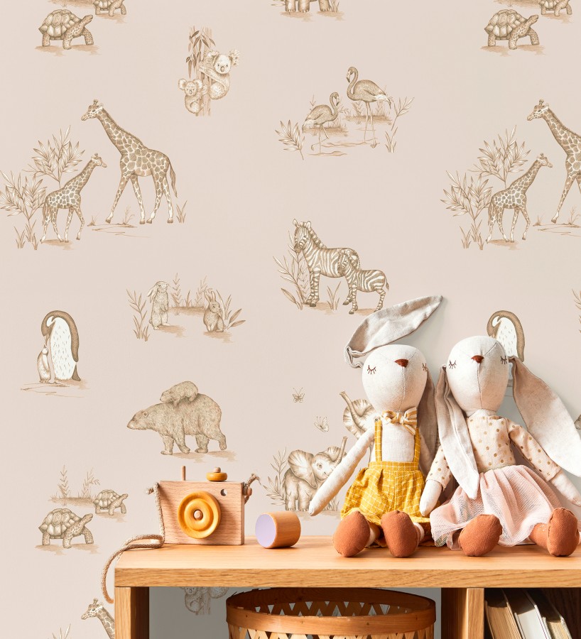 Papel pintado de fauna con animalitos sobre fondo beige  Joy Safari 684059