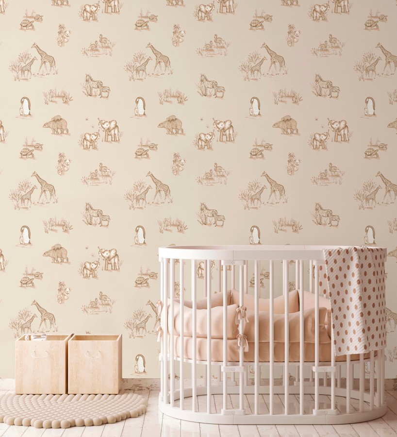 Papel pintado de fauna con animalitos sobre fondo beige  Joy Safari 684059