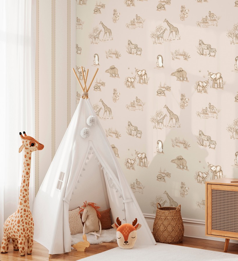 Papel pintado de fauna con animalitos sobre fondo beige  Joy Safari 684059