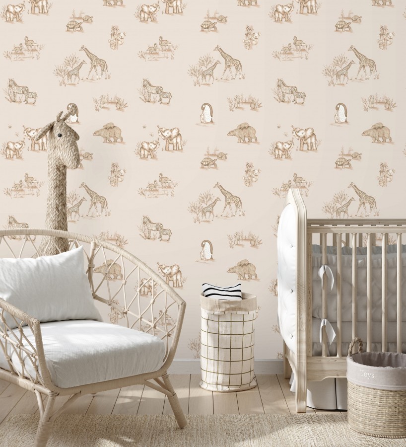Papel pintado de fauna con animalitos sobre fondo beige  Joy Safari 684059