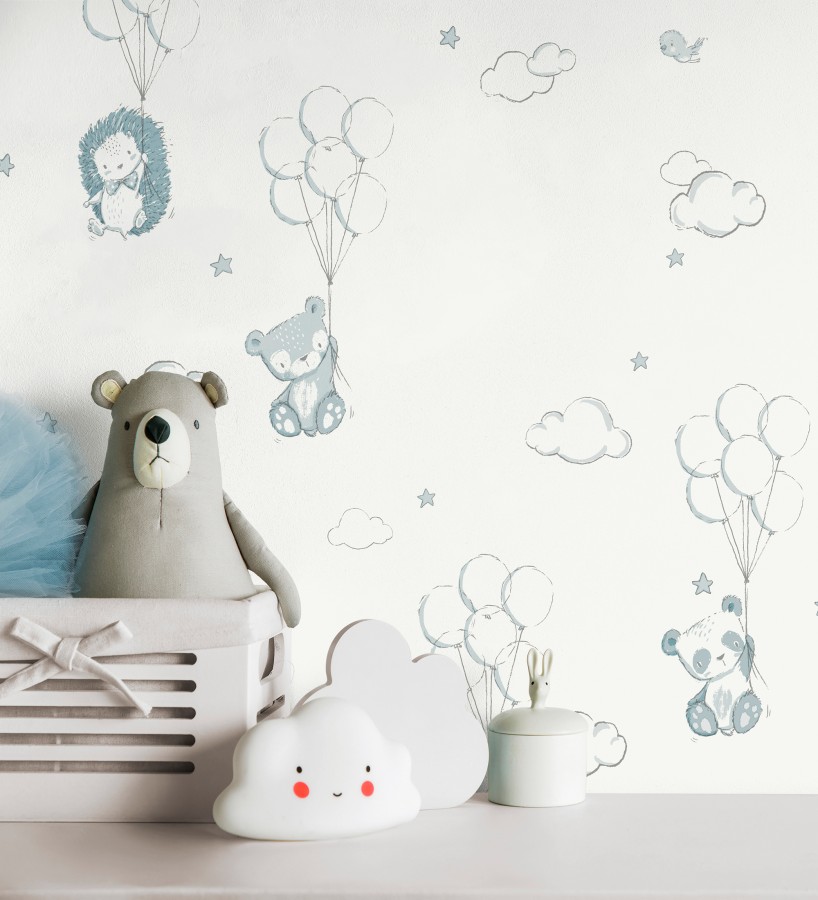 Papel pintado infantil globos ositos nubes azul y blanco  Milo Starry 684060