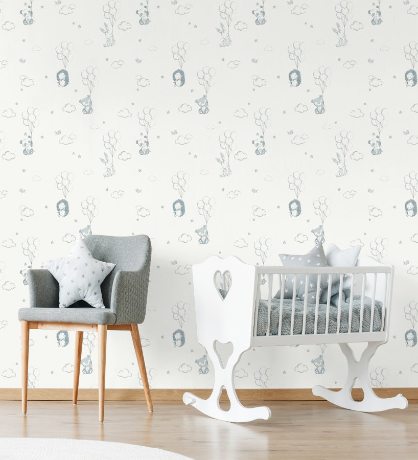 Papel pintado infantil globos ositos nubes azul y blanco  Milo Starry 684060
