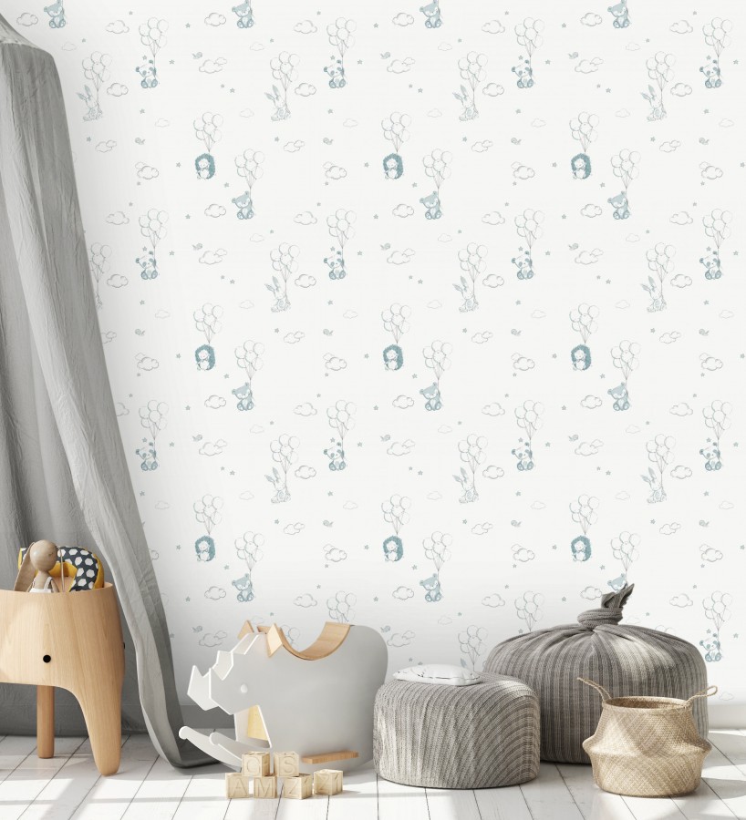 Papel pintado infantil globos ositos nubes azul y blanco  Milo Starry 684060
