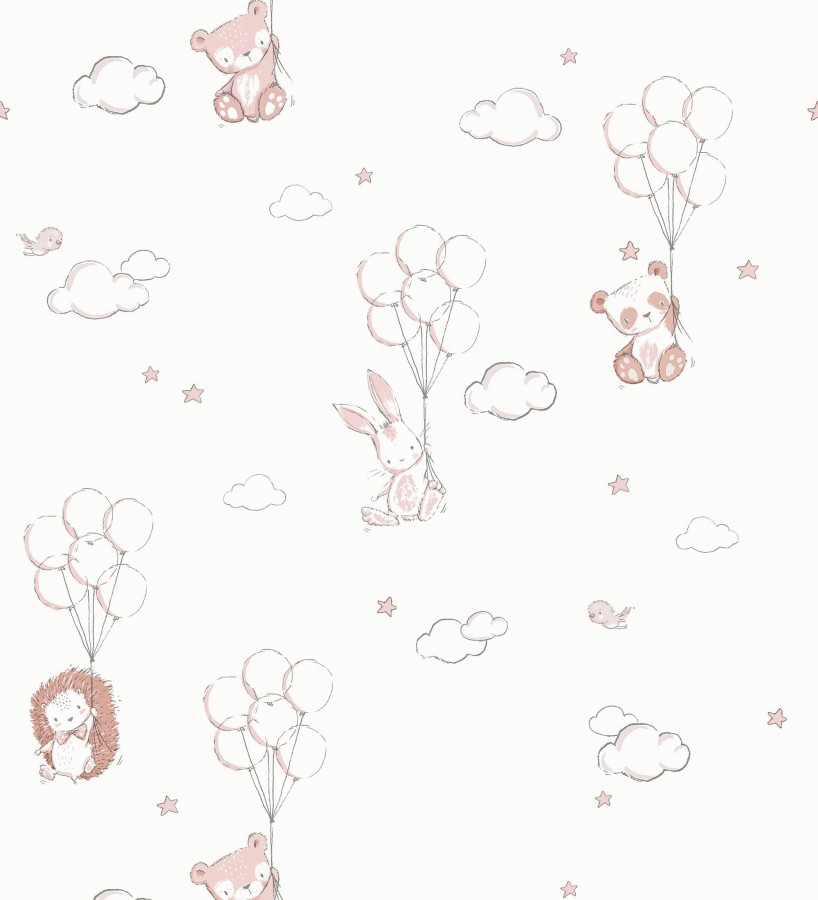 Papel pintado infantil globos ositos nubes rosa y blanco roto  Milo Starry 684061