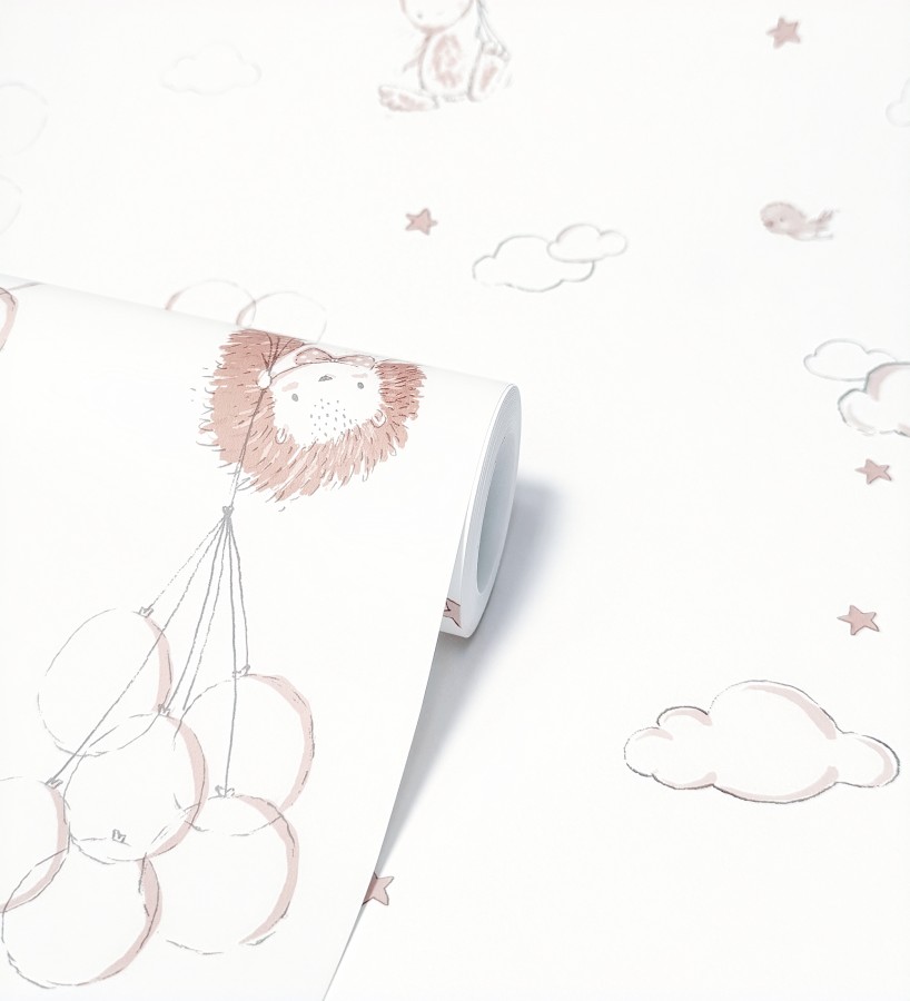 Papel pintado infantil globos ositos nubes rosa y blanco roto  Milo Starry 684061