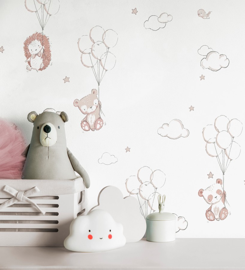 Papel pintado infantil globos ositos nubes rosa y blanco roto  Milo Starry 684061