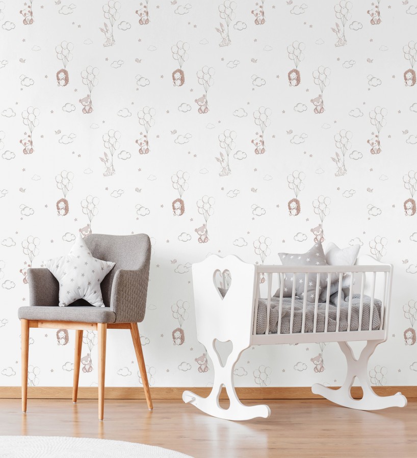 Papel pintado infantil globos ositos nubes rosa y blanco roto  Milo Starry 684061