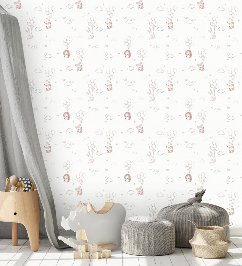Papel pintado infantil globos ositos nubes rosa y blanco roto  Milo Starry 684061