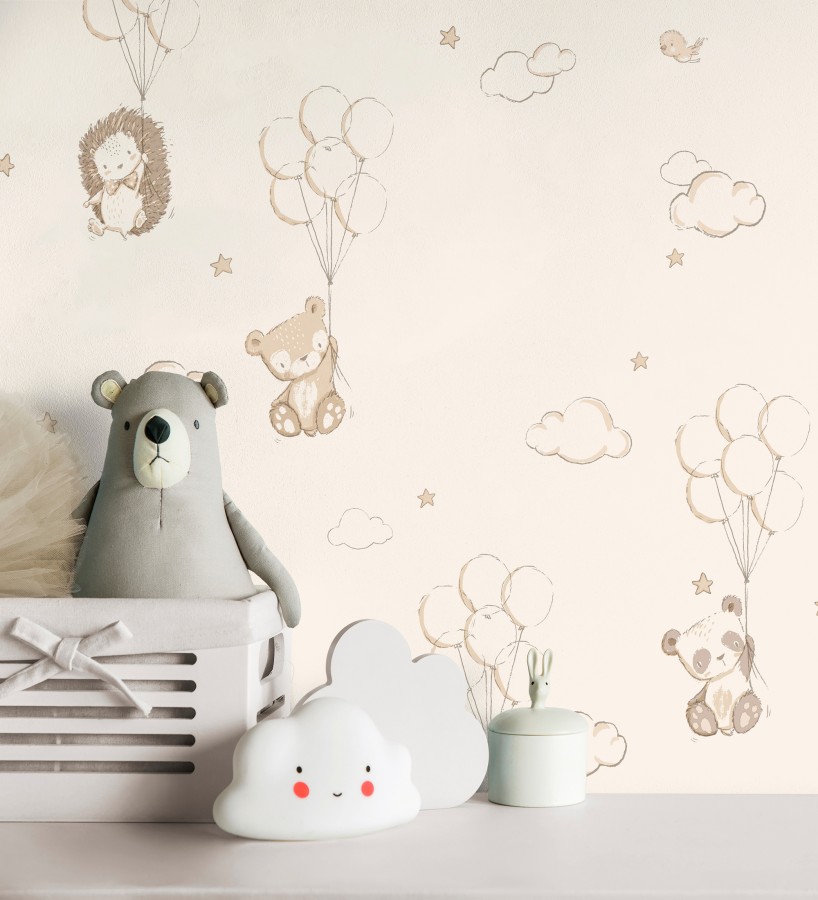 Papel pintado infantil globos ositos nubes beige y marfil claro  Milo Starry 684062