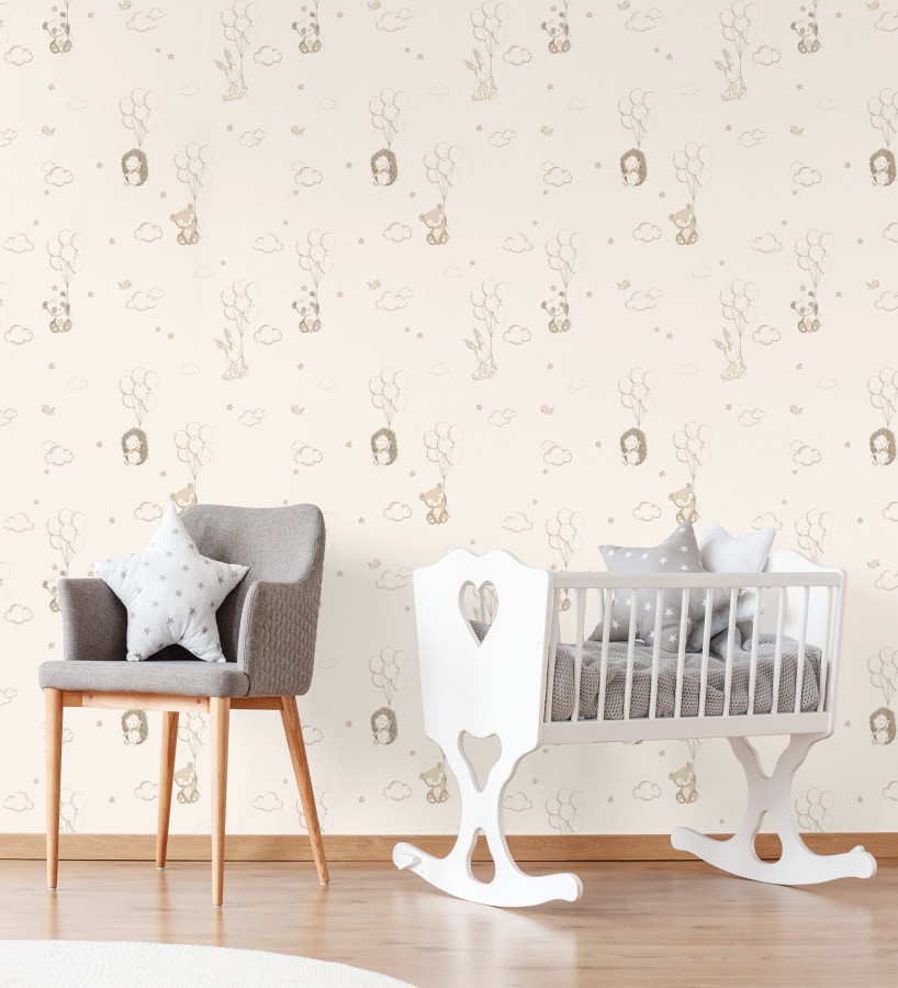 Papel pintado infantil globos ositos nubes beige y marfil claro  Milo Starry 684062