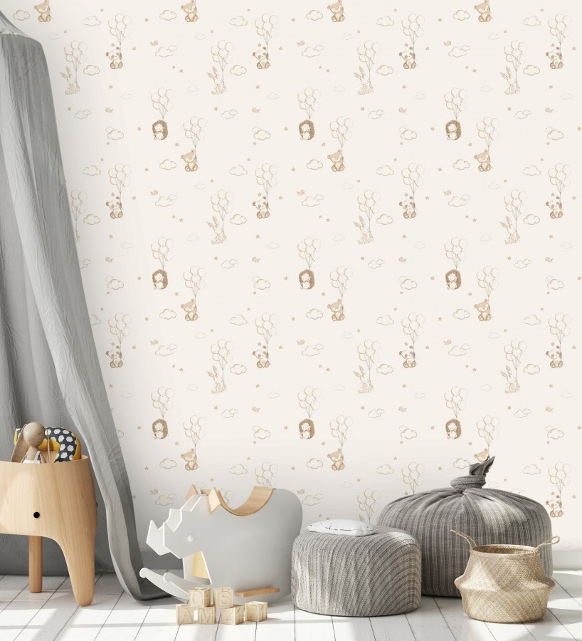 Papel pintado infantil globos ositos nubes beige y marfil claro  Milo Starry 684062