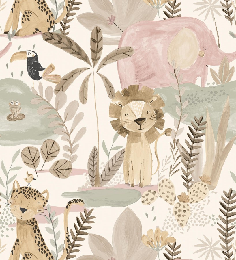 Papel pintado animales selva infantil acuarela pastel suave  Leo Happy 684063