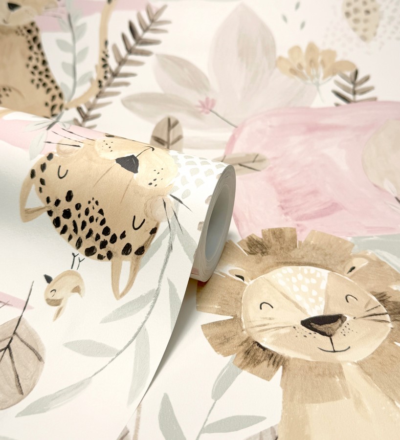 Papel pintado animales selva infantil acuarela pastel suave  Leo Happy 684063