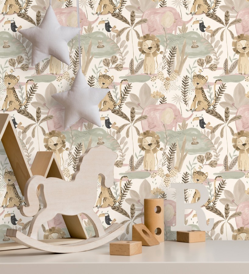 Papel pintado animales selva infantil acuarela pastel suave  Leo Happy 684063