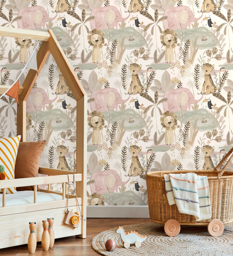 Papel pintado animales selva infantil acuarela pastel suave  Leo Happy 684063
