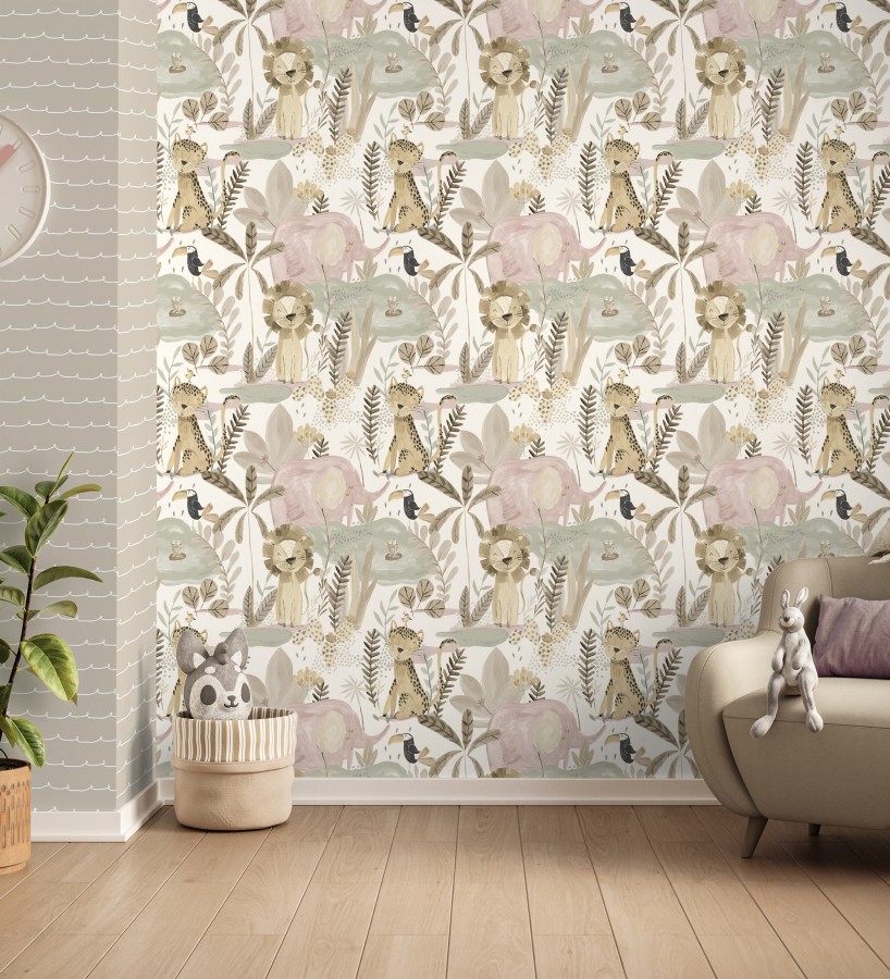 Papel pintado animales selva infantil acuarela pastel suave  Leo Happy 684063