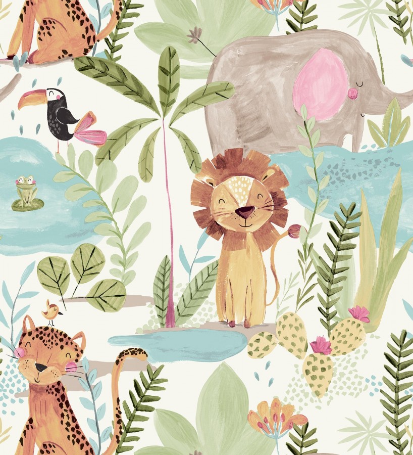 Papel pintado animales selva infantil acuarela pastel suave  Leo Happy 684064
