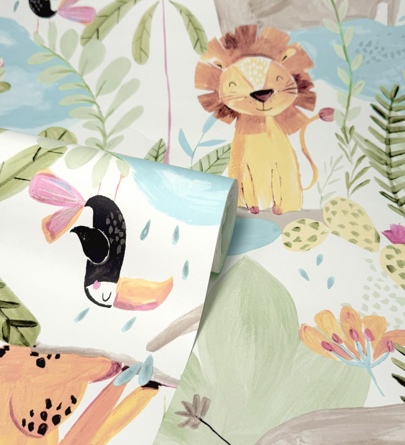 Papel pintado animales selva infantil acuarela pastel suave  Leo Happy 684064