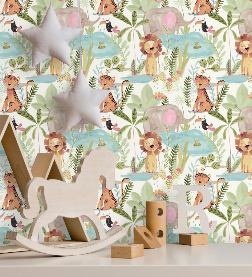 Papel pintado animales selva infantil acuarela pastel suave  Leo Happy 684064