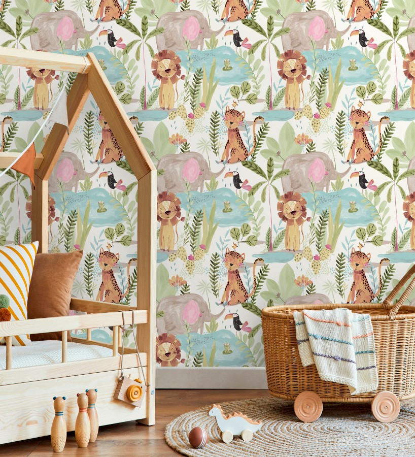 Papel pintado animales selva infantil acuarela pastel suave  Leo Happy 684064