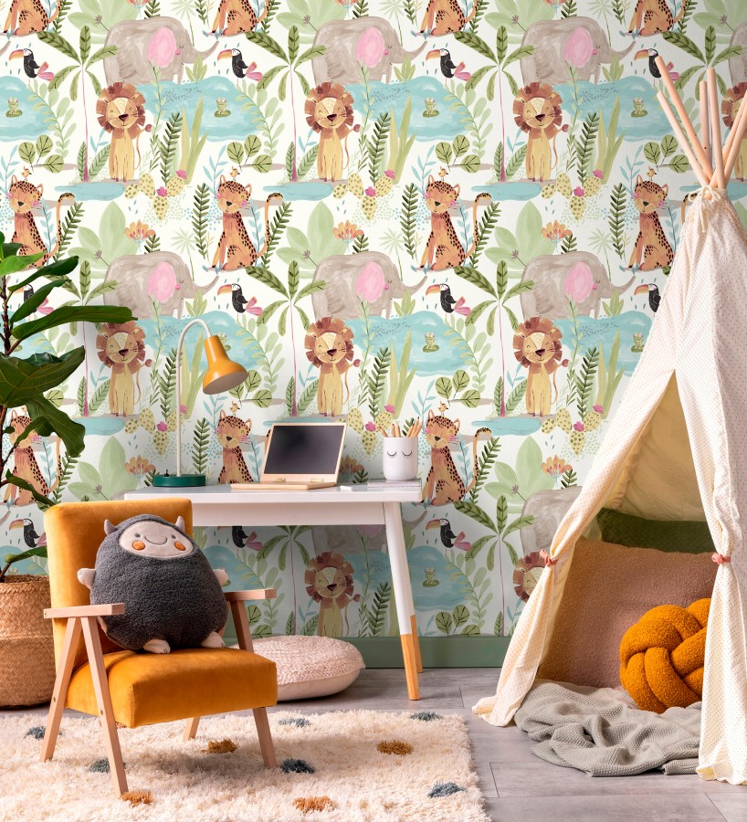 Papel pintado animales selva infantil acuarela pastel suave  Leo Happy 684064