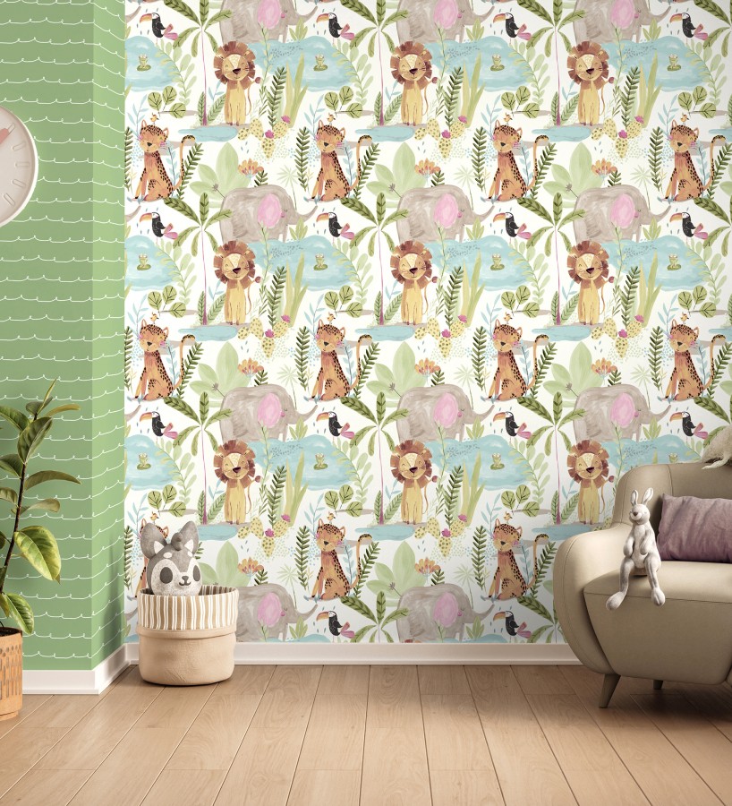 Papel pintado animales selva infantil acuarela pastel suave  Leo Happy 684064
