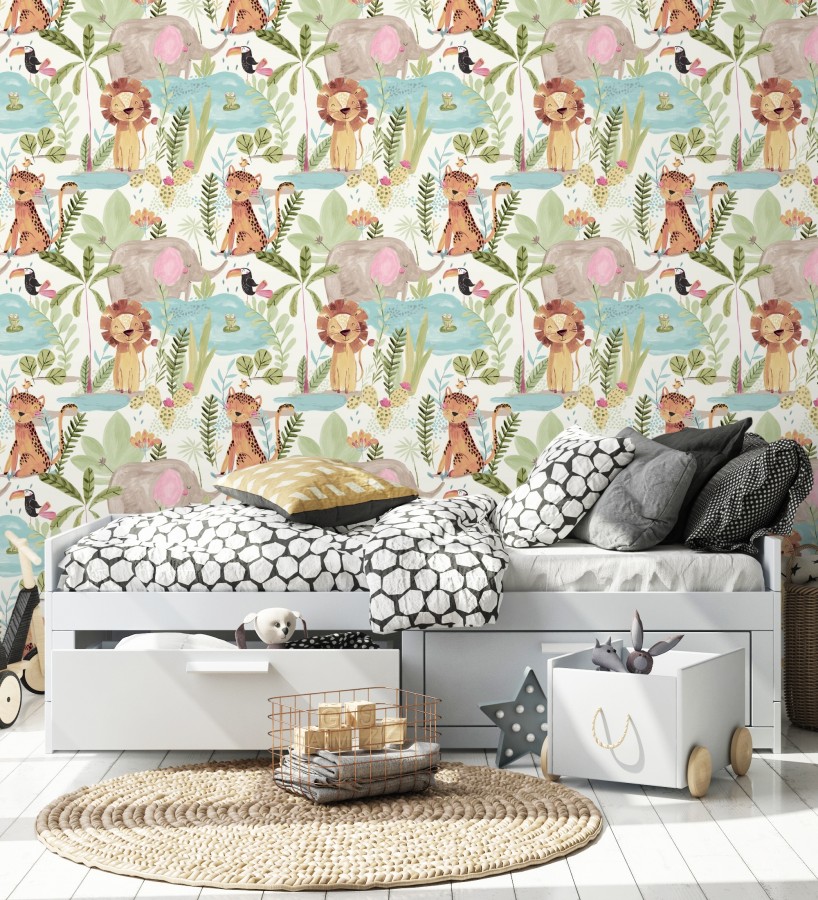 Papel pintado animales selva infantil acuarela pastel suave  Leo Happy 684064