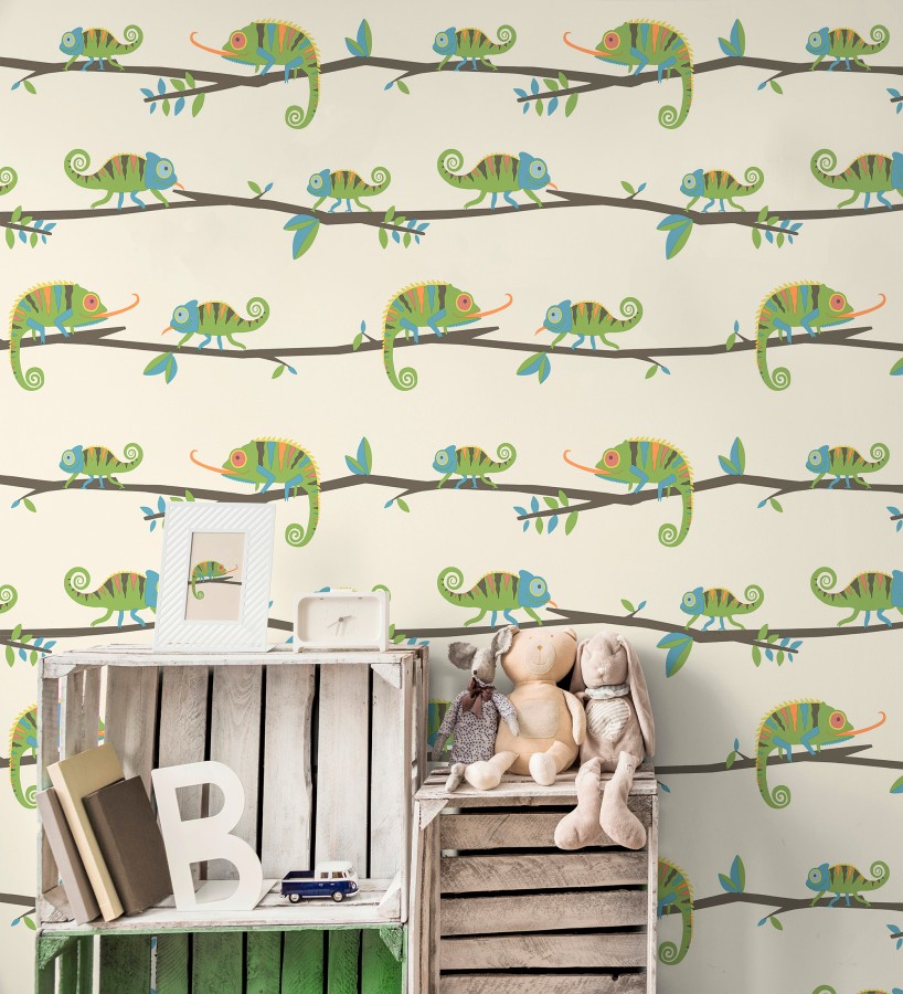 Papel pintado de camaleones en ramas de selva infantil colorido  Izan Tropic 684065