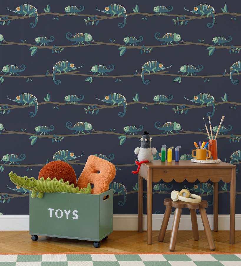 Papel pintado de camaleones en ramas de selva infantil colorido  Izan Tropic 684066