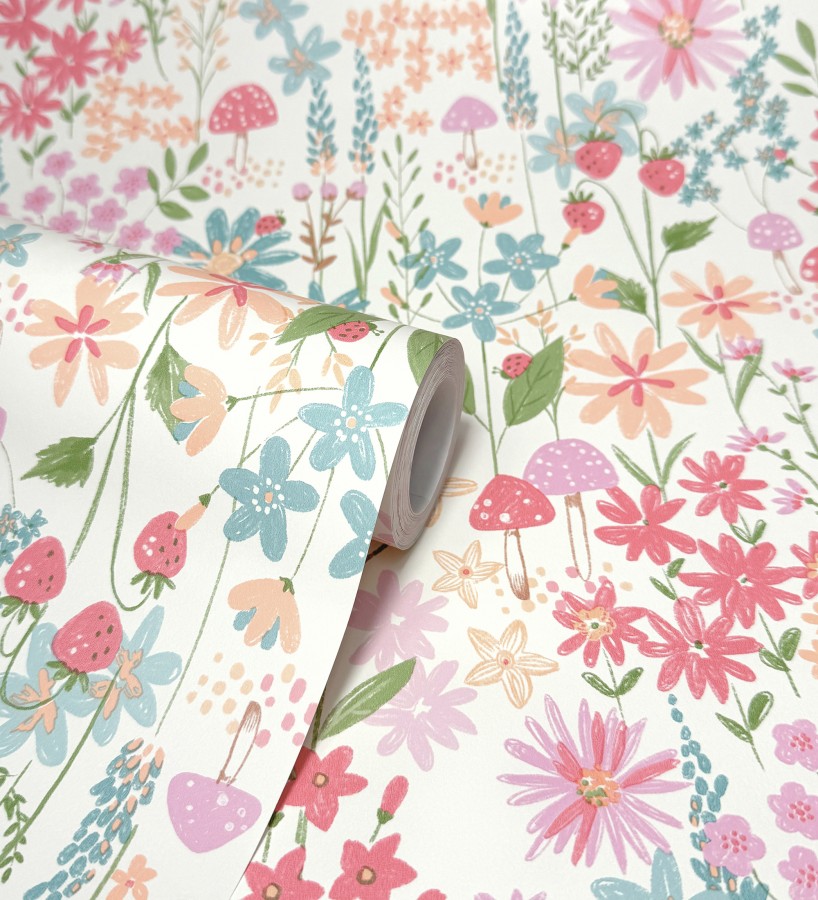 Papel pintado de flores juveniles tonos rosa y celeste  Lulu Berry 684067