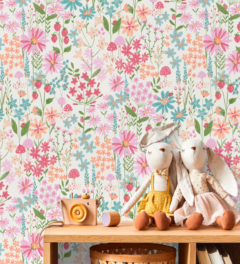 Papel pintado de flores juveniles tonos rosa y celeste  Lulu Berry 684067
