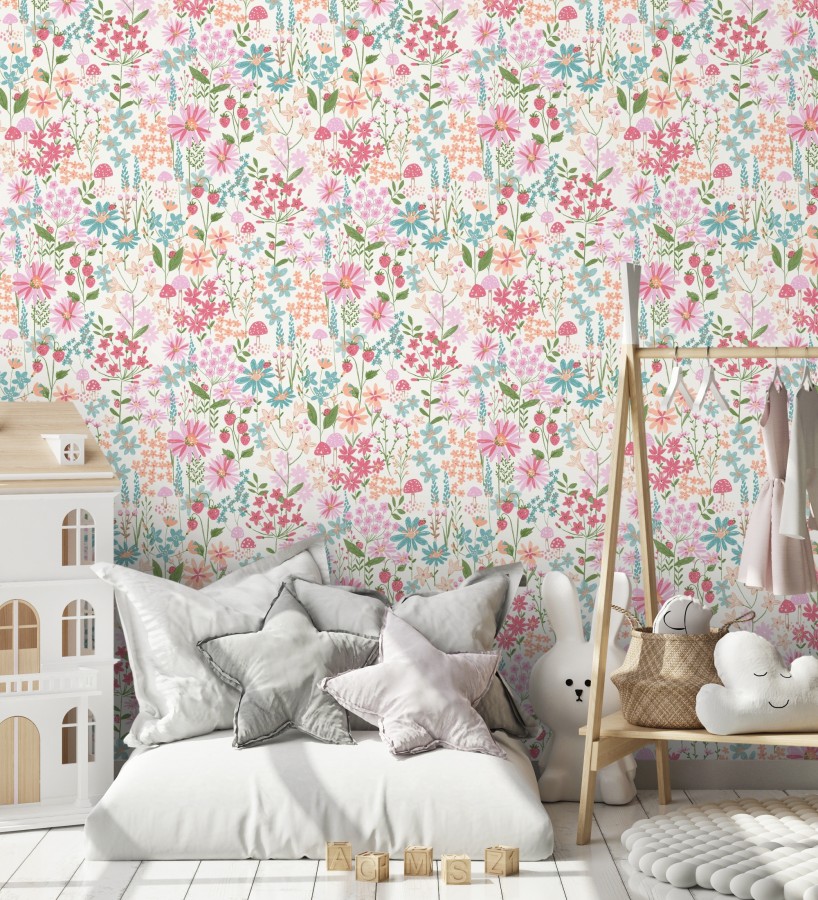 Papel pintado de flores juveniles tonos rosa y celeste  Lulu Berry 684067