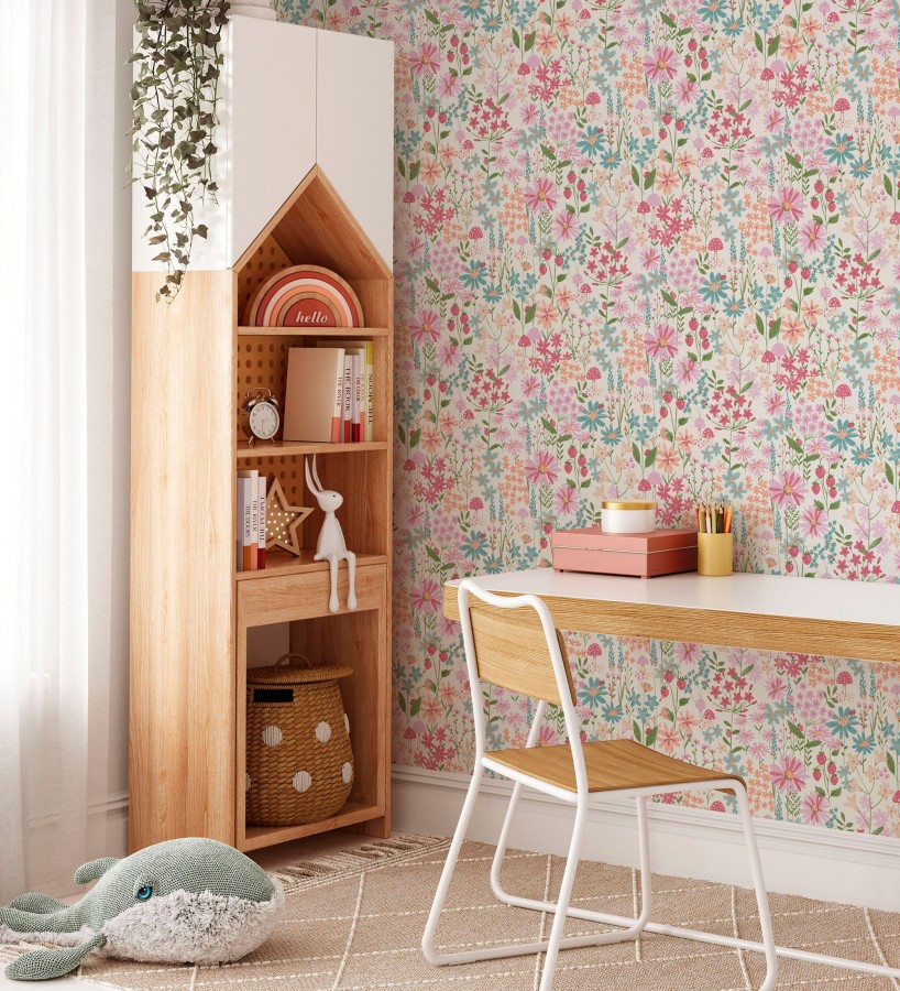 Papel pintado de flores juveniles tonos rosa y celeste  Lulu Berry 684067